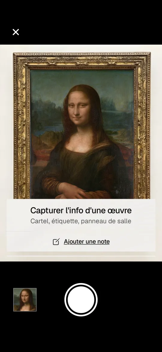 Écran de capture de Lisa Mona : la Joconde dans son cadre, avec le bouton « Capturer l'info d'une œuvre ».