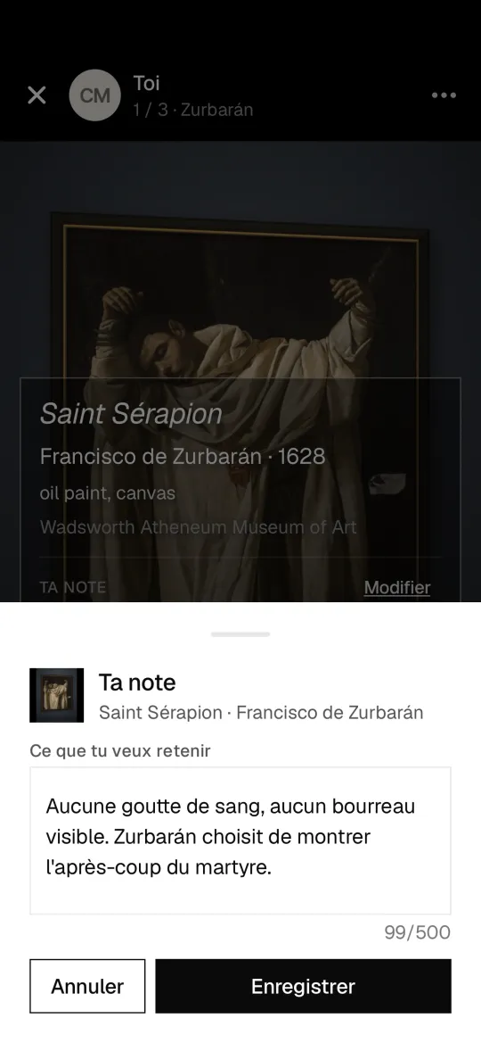 Écran d'ajout d'une note sur Saint Sérapion de Francisco de Zurbarán.